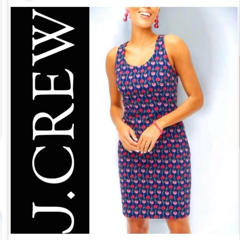 J Crew Floral Sheath Dress Stretch Cotton Blend Berry Navy Above Knee BO666 Sz 4